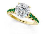Yellow gold Round Cut Diamond Cathedral Solitaire Ring with Round with Emerald side stone Pavé Band_1