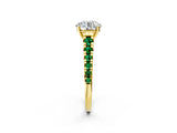 Yellow gold Round Cut Diamond Cathedral Solitaire Ring with Round with Emerald side stone Pavé Band_2