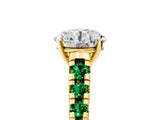 Yellow gold Round Cut Diamond Cathedral Solitaire Ring with Round with Emerald side stone Pavé Band_5