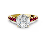 Yellow gold Round Cut Diamond Cathedral Solitaire Ring with Round with Garnet side stone Pavé Band_12