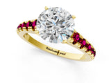 Yellow gold Round Cut Diamond Cathedral Solitaire Ring with Round with Garnet side stone Pavé Band_13