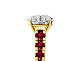 Yellow gold Round Cut Diamond Cathedral Solitaire Ring with Round with Garnet side stone Pavé Band_17