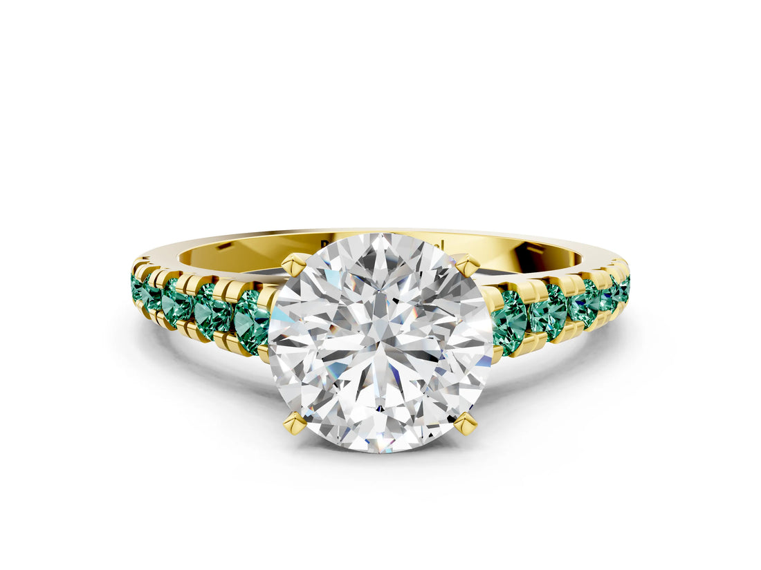 Yellow gold Round Cut Diamond Cathedral Solitaire Ring with Round with Green Sapphire side stone Pavé Band_12