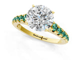 Yellow gold Round Cut Diamond Cathedral Solitaire Ring with Round with Green Sapphire side stone Pavé Band_13