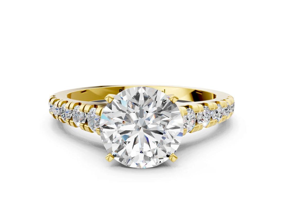 Yellow gold Round Cut Diamond Cathedral Solitaire Ring with Round with Moissanite side stone Pavé Band_24