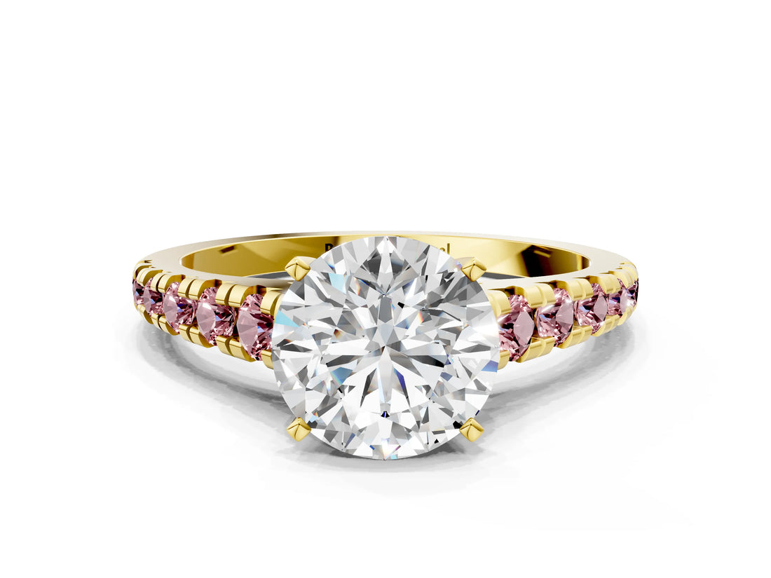 Yellow gold Round Cut Diamond Cathedral Solitaire Ring with Round with Morganite side stone Pavé Band_12