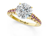 Yellow gold Round Cut Diamond Cathedral Solitaire Ring with Round with Morganite side stone Pavé Band_13
