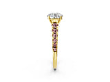 Yellow gold Round Cut Diamond Cathedral Solitaire Ring with Round with Morganite side stone Pavé Band_14