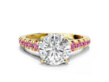 Yellow gold Round Cut Diamond Cathedral Solitaire Ring with Round with Pink Sapphire side stone Pavé Band_12
