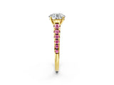 Yellow gold Round Cut Diamond Cathedral Solitaire Ring with Round with Pink Sapphire side stone Pavé Band_14