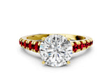 Yellow gold Round Cut Diamond Cathedral Solitaire Ring with Round with Ruby side stone Pavé Band_36