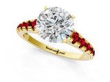 Yellow gold Round Cut Diamond Cathedral Solitaire Ring with Round with Ruby side stone Pavé Band_37