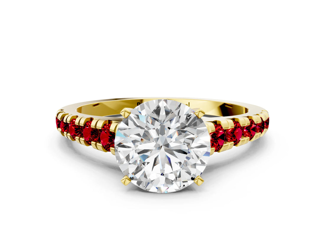 Yellow gold Round Cut Diamond Cathedral Solitaire Ring with Round with Ruby side stone Pavé Band_42