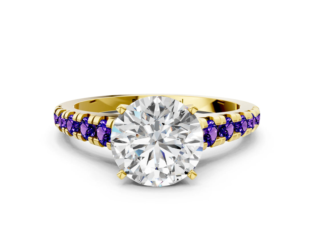 Yellow gold Round Cut Diamond Cathedral Solitaire Ring with Round with Tanzanite side stone Pavé Band