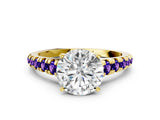 Yellow gold Round Cut Diamond Cathedral Solitaire Ring with Round with Tanzanite side stone Pavé Band
