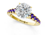 Yellow gold Round Cut Diamond Cathedral Solitaire Ring with Round with Tanzanite side stone Pavé Band_1