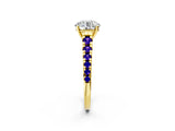 Yellow gold Round Cut Diamond Cathedral Solitaire Ring with Round with Tanzanite side stone Pavé Band_2