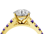 Yellow gold Round Cut Diamond Cathedral Solitaire Ring with Round with Tanzanite side stone Pavé Band_4