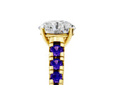Yellow gold Round Cut Diamond Cathedral Solitaire Ring with Round with Tanzanite side stone Pavé Band_5