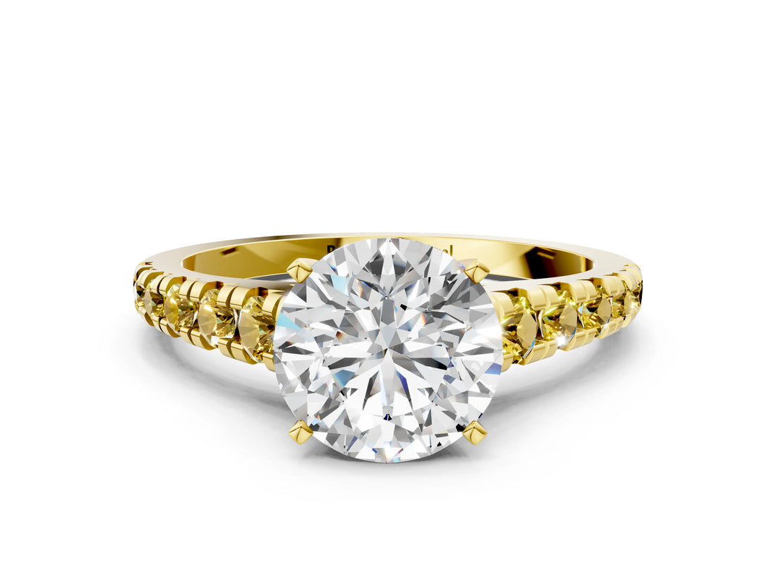 Yellow gold Round Cut Diamond Cathedral Solitaire Ring with Round with Yellow Sapphire side stone Pavé Band_36