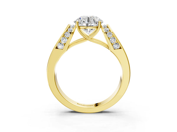 Yellow gold Round Cut Diamond Channel Set Solitaire Ring with Four-Prong Setting