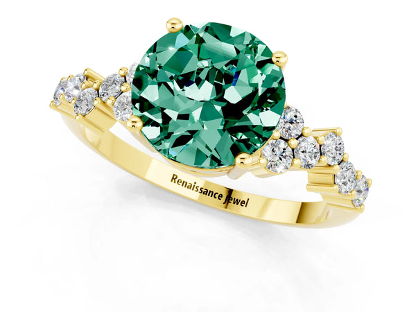 Yellow gold Round Cut Green Sapphire Scattered Round Accent Ring with Prong Setting