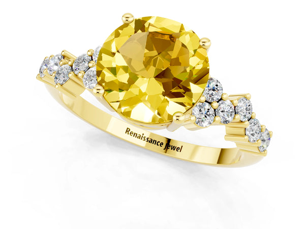 Yellow gold Round Cut Yellow Sapphire Scattered Round Accent Ring with Prong Setting