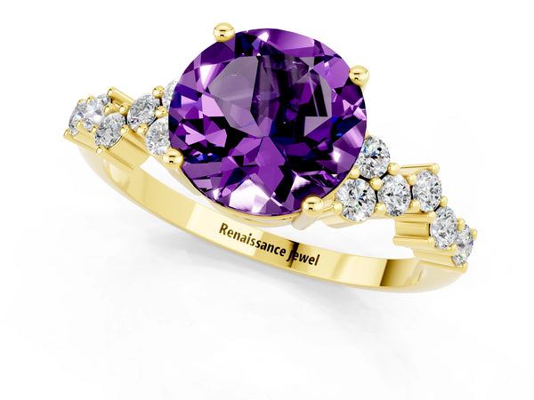 Yellow gold Round Cut Amethyst Scattered Round Accent Ring with Prong Setting