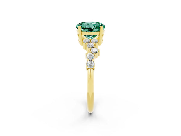 Yellow gold Round Cut Green Sapphire Scattered Round Accent Ring with Prong Setting