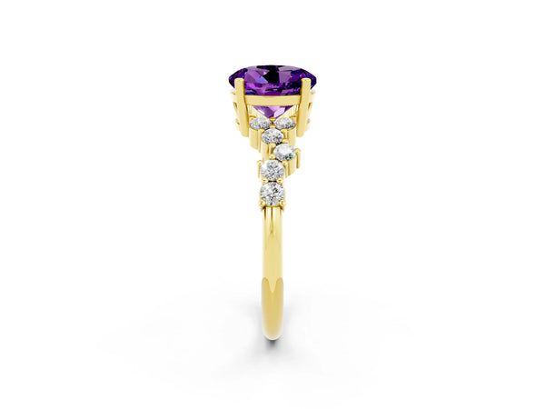 Yellow gold Round Cut Amethyst Scattered Round Accent Ring with Prong Setting