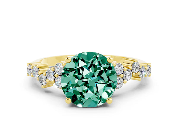Yellow gold Round Cut Green Sapphire Scattered Round Accent Ring with Prong Setting