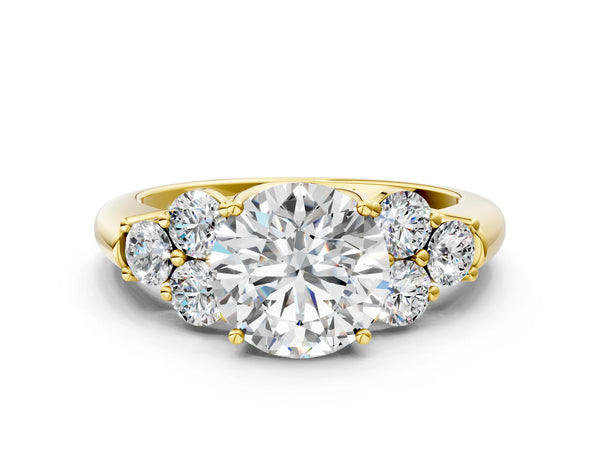 Yellow gold Round Cut Diamond Cluster Ring with Round Accent Stones and Prong Setting on a Classic Band