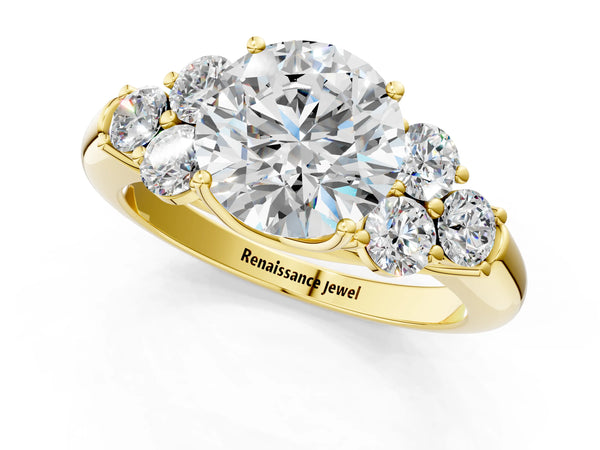 Yellow gold Round Cut Diamond Cluster Ring with Round Accent Stones and Prong Setting on a Classic Band