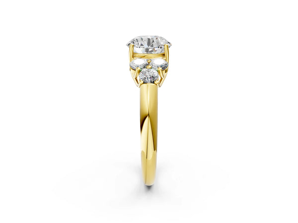 Yellow gold Round Cut Diamond Cluster Ring with Round Accent Stones and Prong Setting on a Classic Band