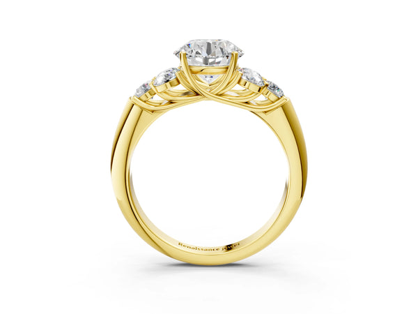 Yellow gold Round Cut Diamond Cluster Ring with Round Accent Stones and Prong Setting on a Classic Band