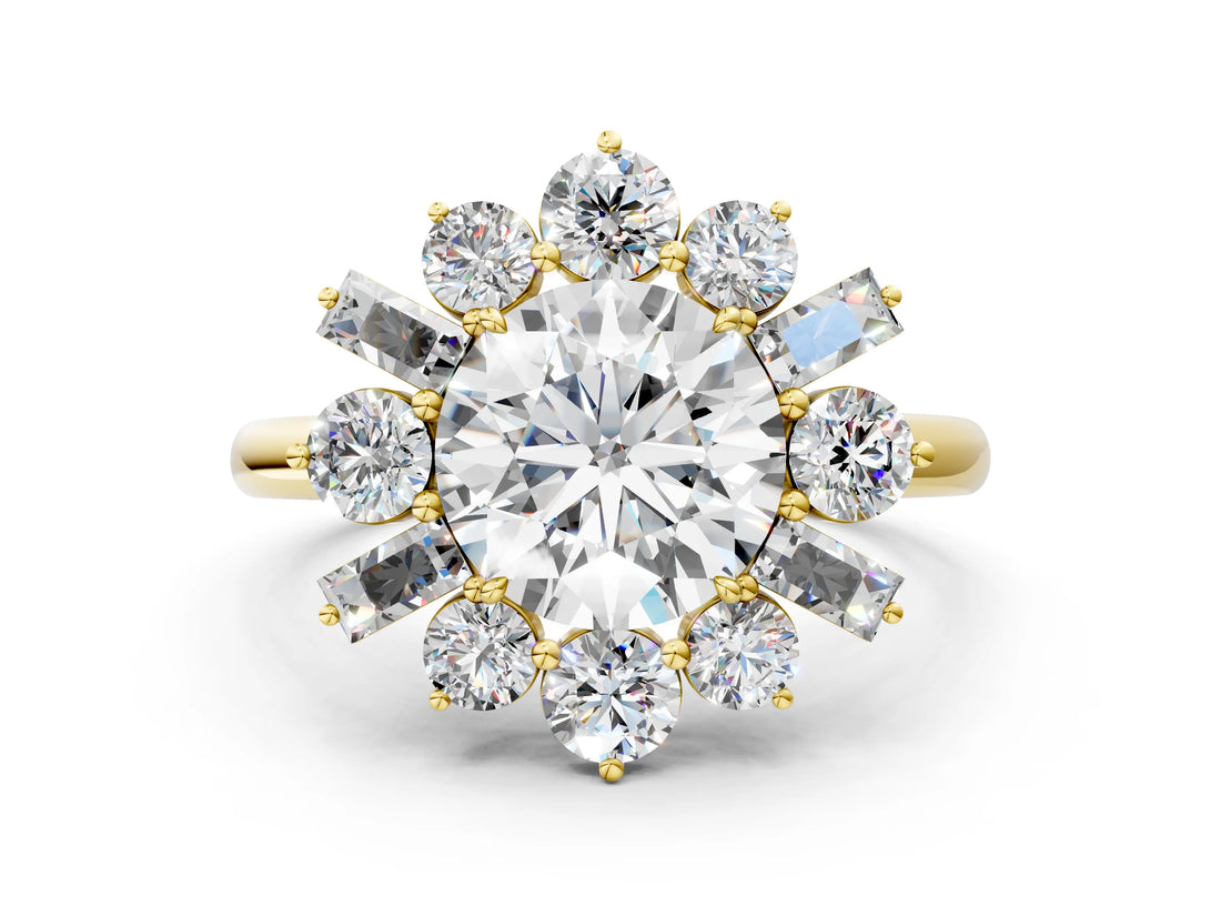 Yellow gold Round Cut Diamond Cluster Ring with Round and Baguette Stones, Split Shank Band, Prong Setting_15