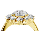 Yellow gold Round Cut Diamond Cluster Ring with Round and Baguette Stones, Split Shank Band, Prong Setting_19