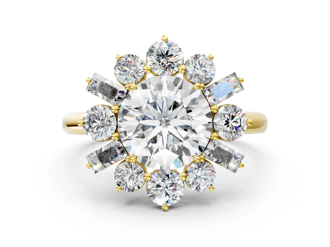 Yellow gold Round Cut Diamond Cluster Ring with Round and Baguette Stones, Split Shank Band, Prong Setting_3