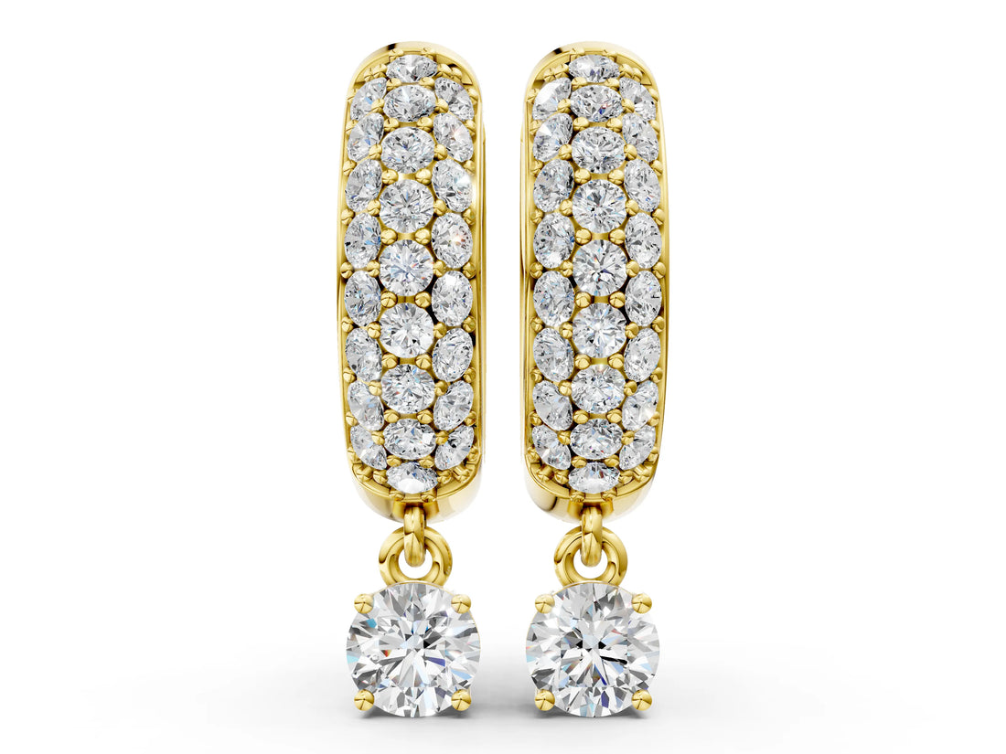 Yellow gold Round Cut Diamond Drop Huggie Hoop Earrings with Pavé Detailing_4