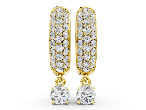 Yellow gold Round Cut Diamond Drop Huggie Hoop Earrings with Pavé Detailing