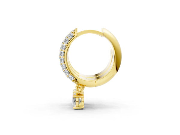 Yellow gold Round Cut Diamond Drop Huggie Hoop Earrings with Pavé Detailing