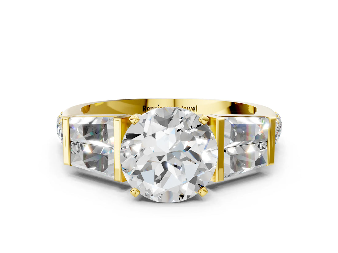 Yellow gold Round Cut Diamond Engagement Ring with Baguette Side Stones and Channel Set Band_42