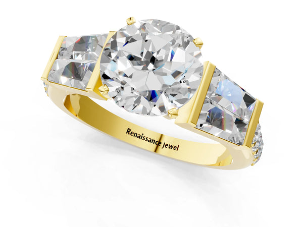 Yellow gold Round Cut Diamond Engagement Ring with Baguette Side Stones and Channel Set Band