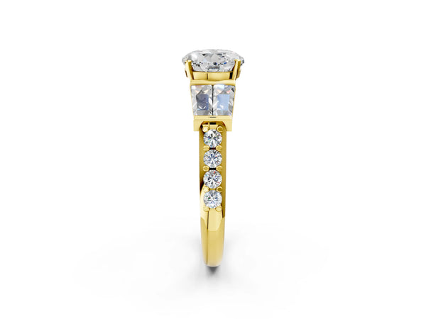 Yellow gold Round Cut Diamond Engagement Ring with Baguette Side Stones and Channel Set Band