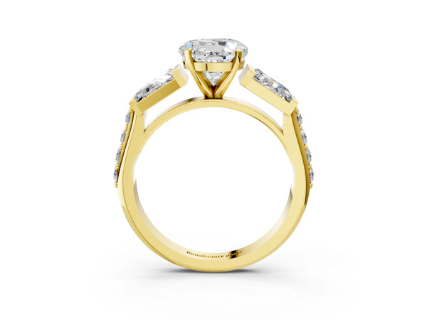 Yellow gold Round Cut Diamond Engagement Ring with Baguette Side Stones and Channel Set Band