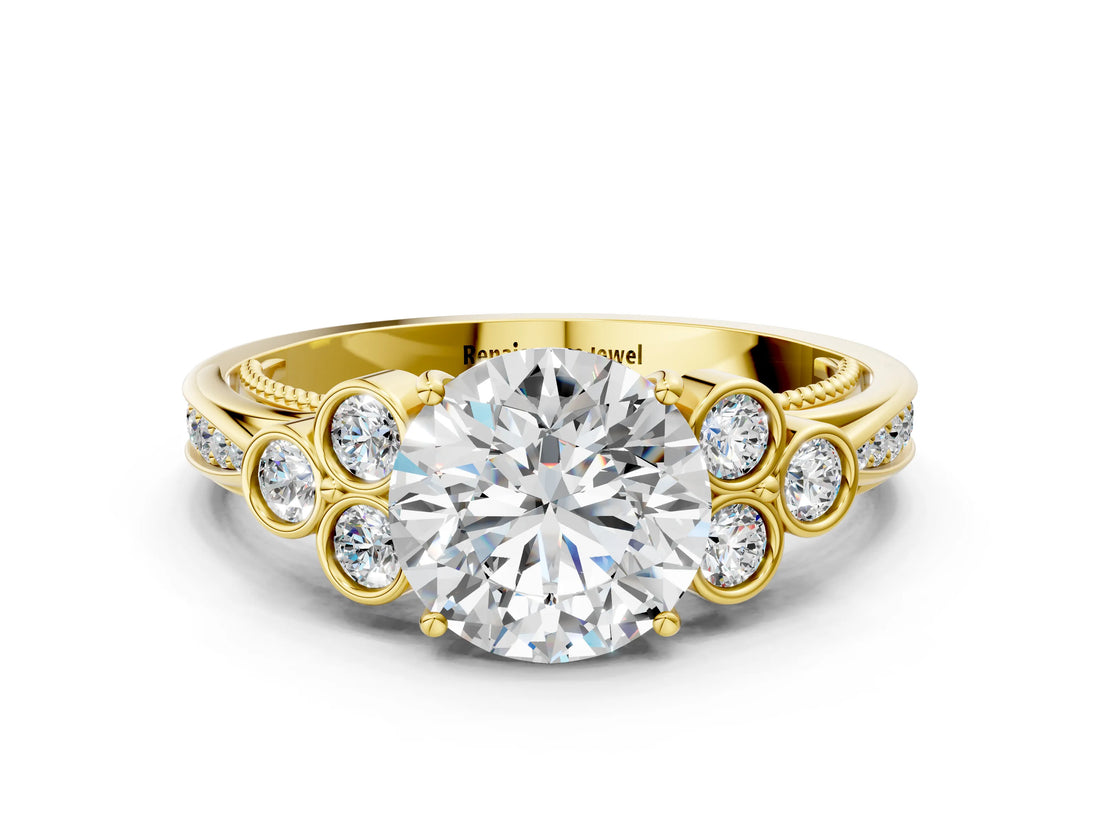 Yellow gold Round Cut Diamond Engagement Ring with Bezel Set Round Side Stones and Prong Setting_62