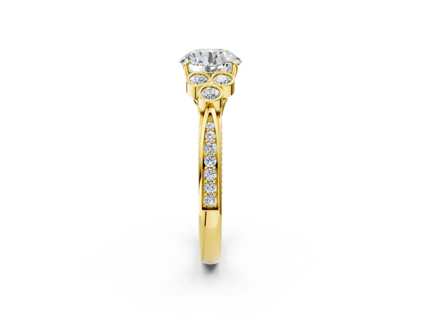 Yellow Gold Round Vintage Engagement Ring Setting with Bezel-Set Shoulder Clusters and Milgrain