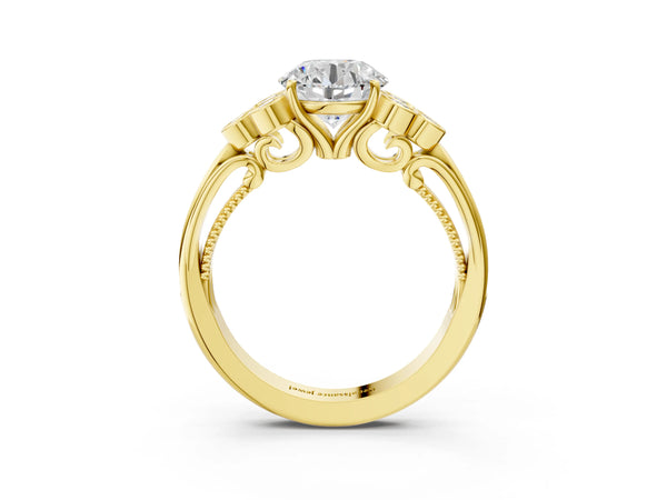 Yellow Gold Round Vintage Engagement Ring Setting with Bezel-Set Shoulder Clusters and Milgrain