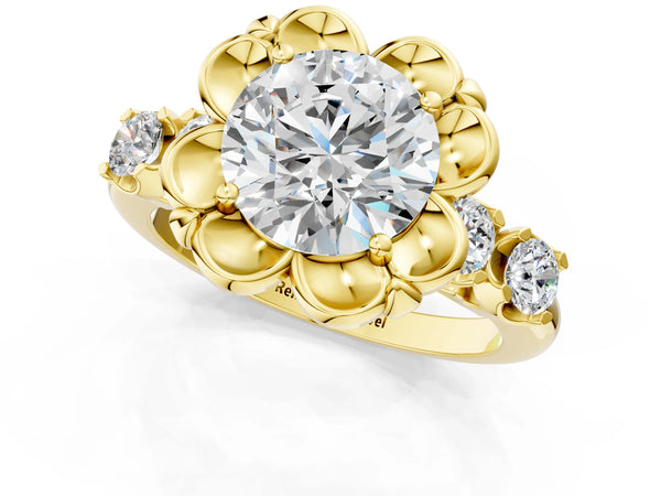 Yellow gold Round Cut Diamond Floral Halo Engagement Ring with Shared Prong Setting
