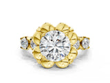 Yellow gold Round Cut Diamond Floral Halo Engagement Ring with Shared Prong Setting
